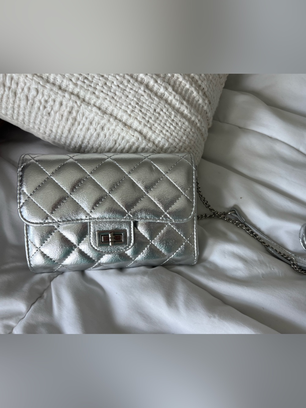 Quilted Metallic Silver Chain Crossbody Bag